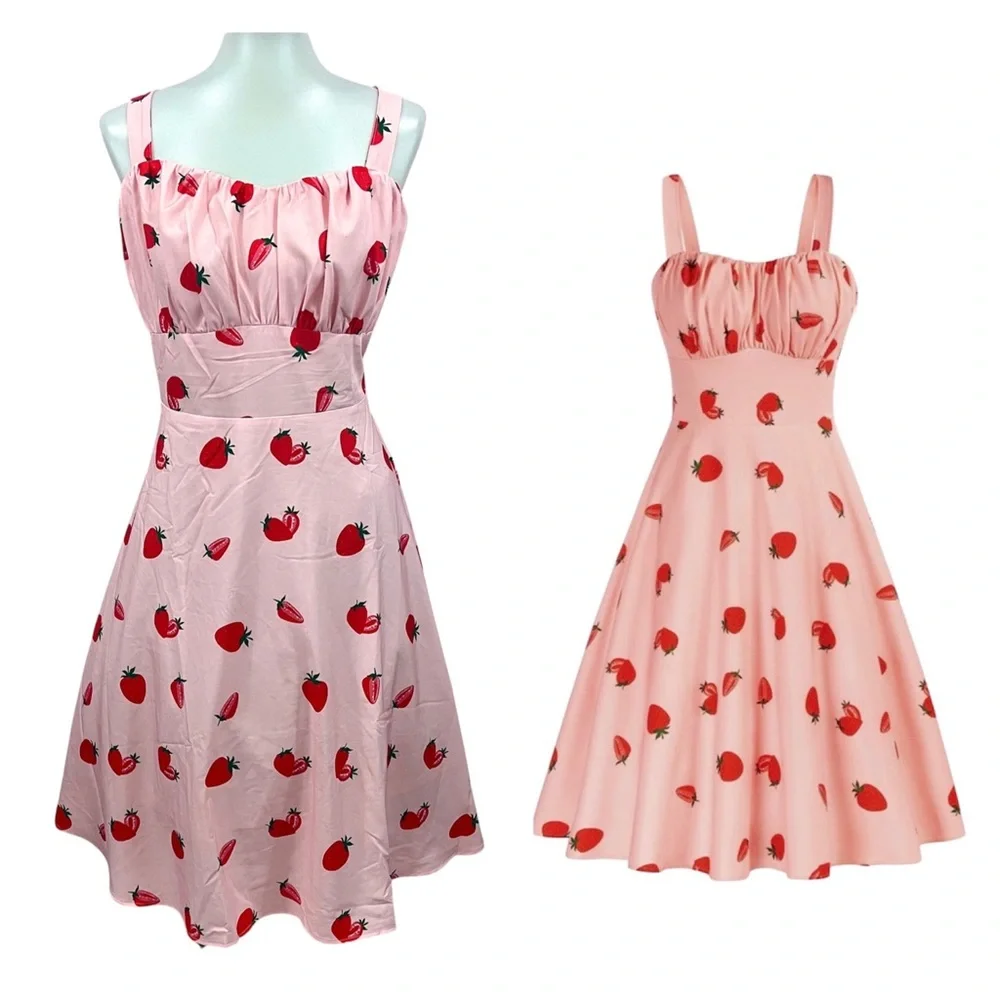NWOT Modcloth Belle Poque Pink Strawberry Fruit Retro Pinup Flare Swing Dress 2X